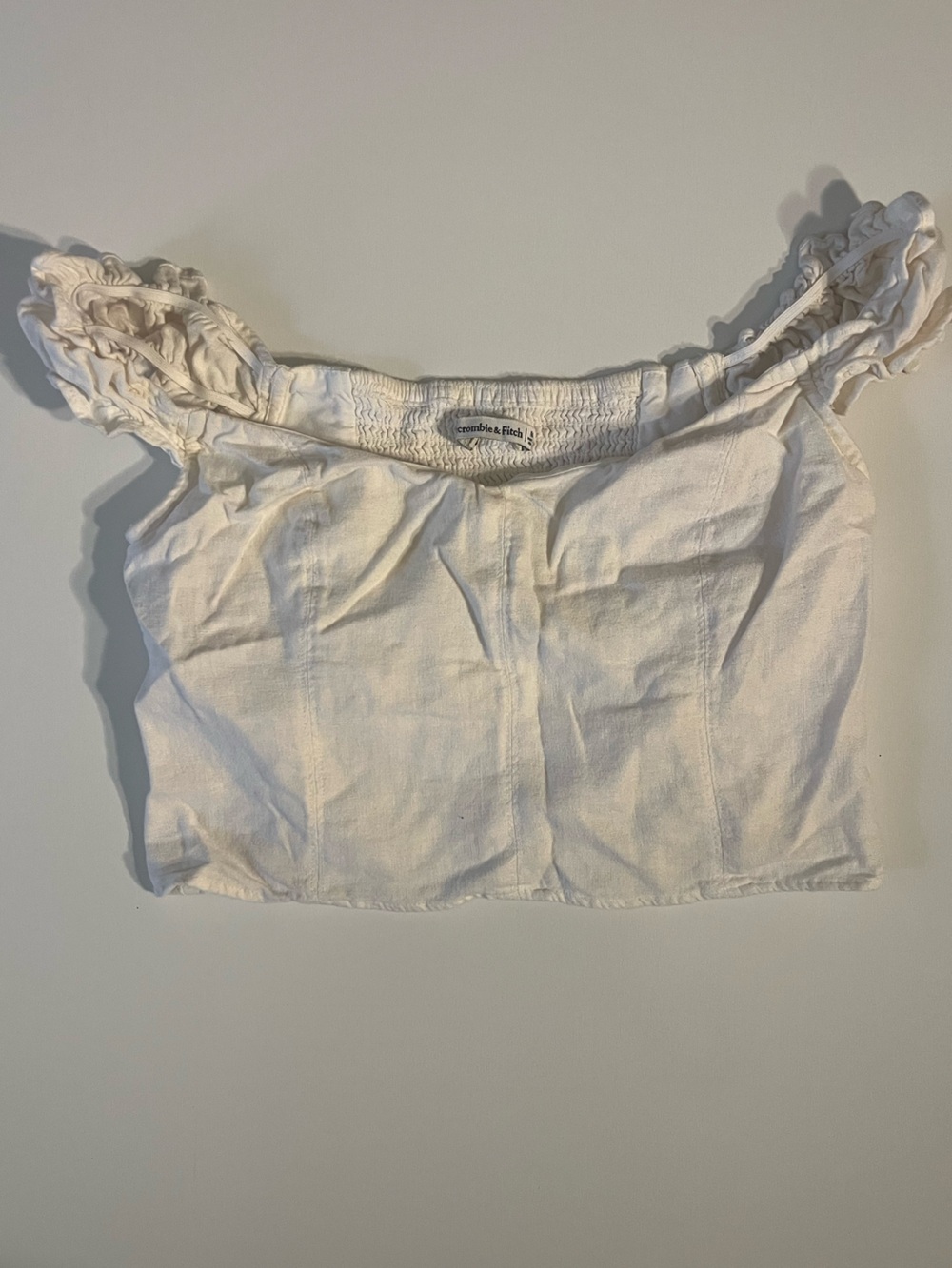 Abercrombie & Fitch | Linen White Smocked Off Shoulder Tank Minimalist Crop Top